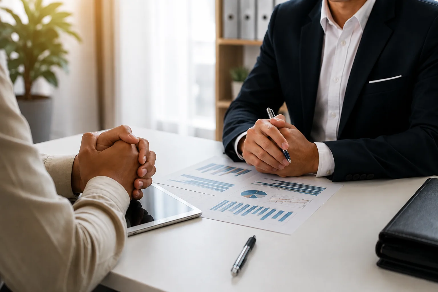 Duas pessoas em reunião de negócios analisando relatórios impressos sobre a mesa