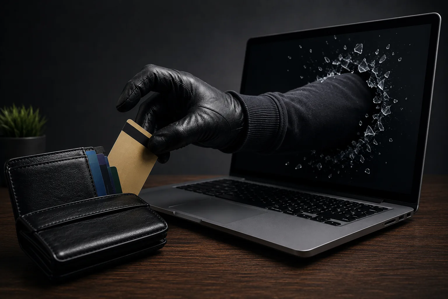 Mão com luva saindo da tela de um notebook retirando um cartão de uma carteira