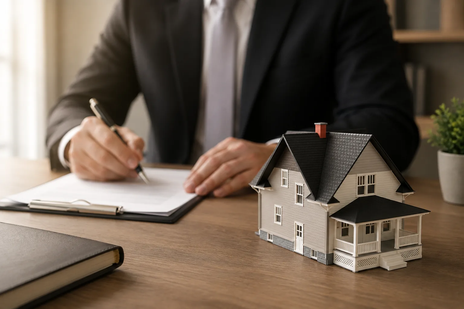 Advogado assinando um contrato à mesa, ao lado de uma maquete de casa