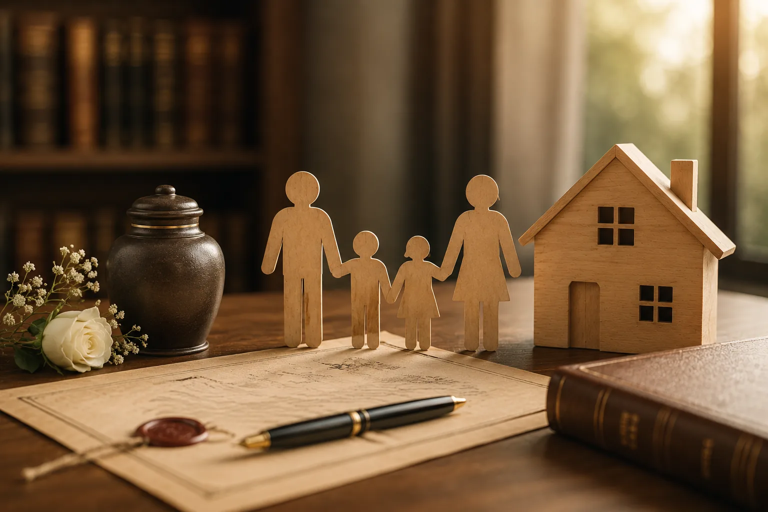 Recortes de família e casa em madeira sobre um documento lacrado, ao lado de flores brancas