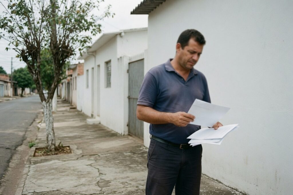 Homem lendo carta de notificação em rua residencial de Limeira, ilustrando ação de despejo por falta de pagamento