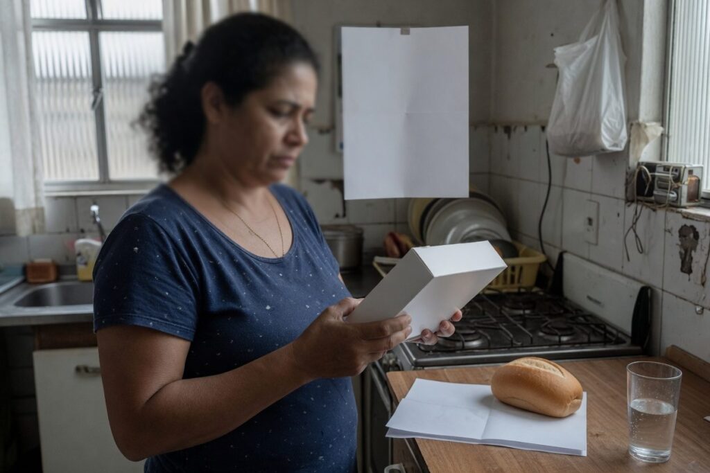 Mulher observando caixa de medicamento na cozinha de casa, ilustrando negativa de medicamento de alto custo pelo plano de saúde