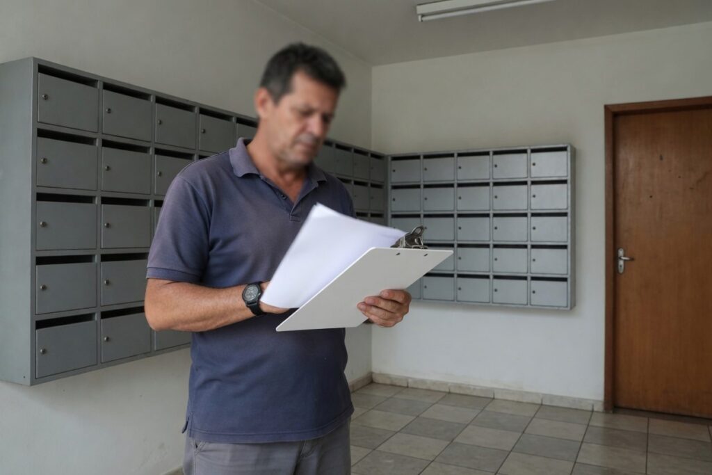 Homem conferindo documentos junto às caixas de correio de um condomínio, ilustrando prestação de contas do síndico