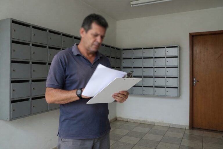 Homem conferindo documentos junto às caixas de correio de um condomínio, ilustrando prestação de contas do síndico