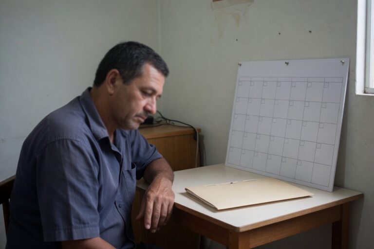 Homem observando calendário em branco, ilustrando o tempo de tramitação de um caso de imóvel