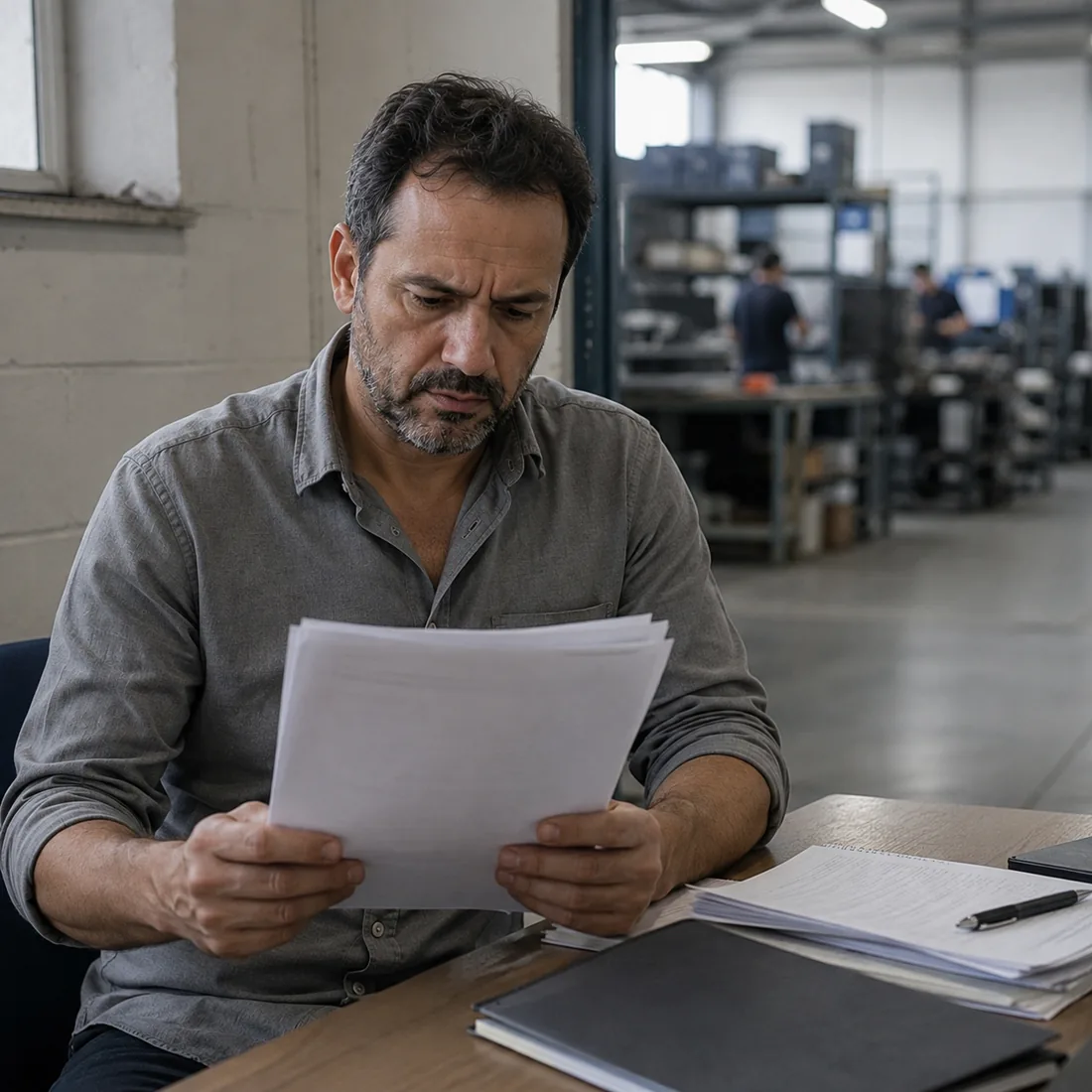 Empresário lendo um contrato à mesa, com a área de produção da empresa ao fundo