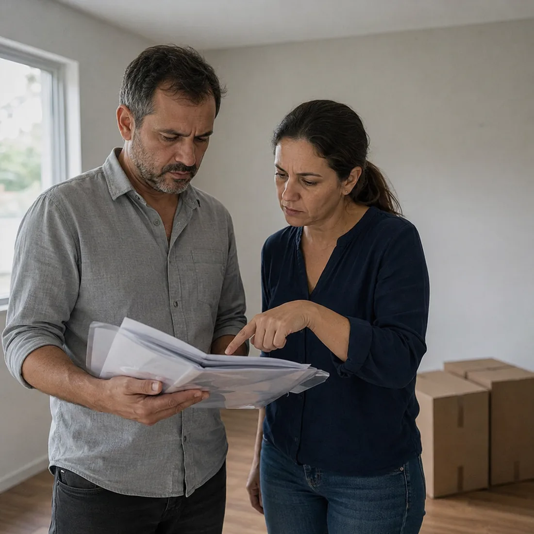 Casal em uma sala vazia com caixas de mudança, conferindo juntos os documentos do imóvel