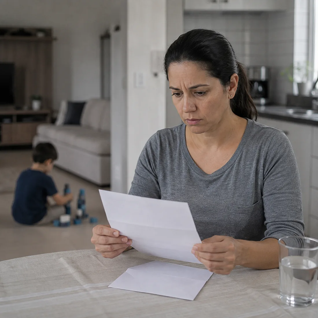 Mãe lendo uma carta na mesa da cozinha enquanto o filho brinca ao fundo
