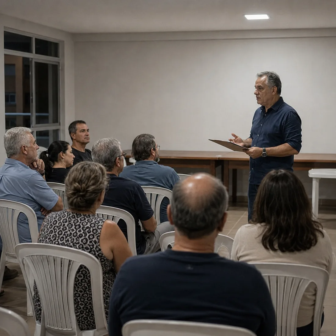 Assembleia de condomínio: moradores sentados enquanto o síndico apresenta a pauta